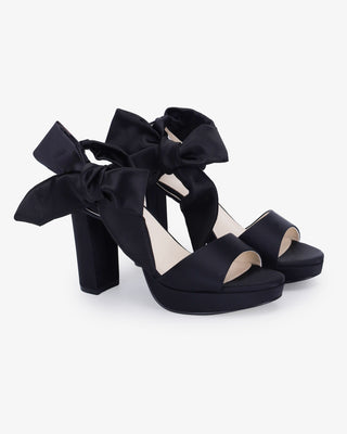 Black Satin Platform Block Heel Sandals with Luxe Tie, Prom Shoes