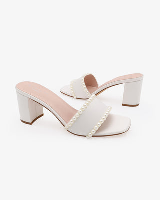 Ivory Satin Block Heels Slide Wedding Sandals with Pearls