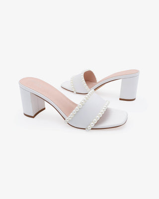 Satin Block Heels Slide Wedding Sandals with PearlsWomen Shoes