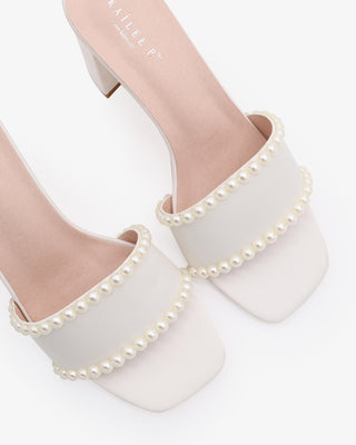 Ivory Satin Block Heels Slide Wedding Sandals with Pearls
