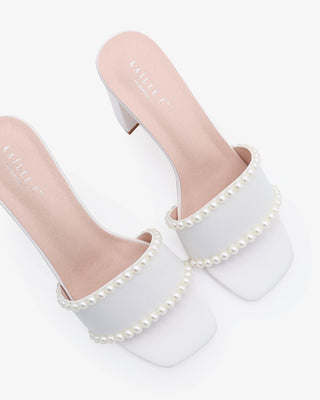 Satin Block Heels Slide Wedding Sandals with PearlsWomen Shoes