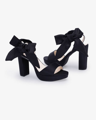 Black Satin Platform Block Heel Sandals with Luxe Tie, Prom Shoes