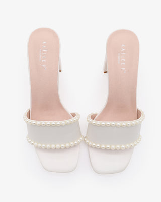 Ivory Satin Block Heels Slide Wedding Sandals with Pearls