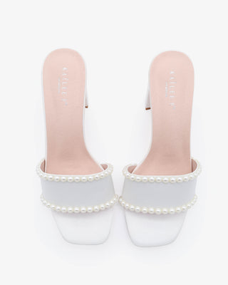 Satin Block Heels Slide Wedding Sandals with PearlsWomen Shoes