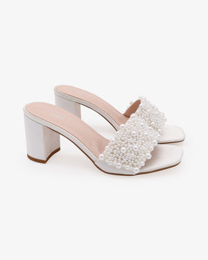 Satin Block Heels Slide Wedding Sandals with Perla Applique