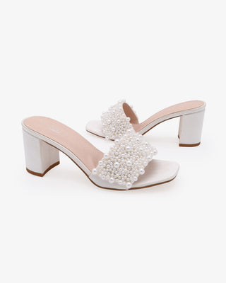White Satin Block Heels Slide Wedding Sandals with Perla Applique