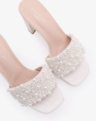 White Satin Block Heels Slide Wedding Sandals with Perla Applique