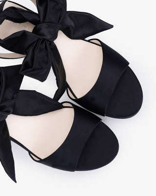 Black Satin Platform Block Heel Sandals with Luxe Tie, Prom Shoes