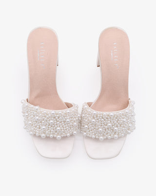 White Satin Block Heels Slide Wedding Sandals with Perla Applique
