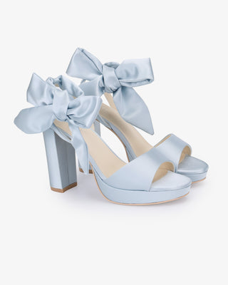 Light Blue Satin Platform Block Heel Wedding Sandals with Luxe Tie, Bridal Shoes