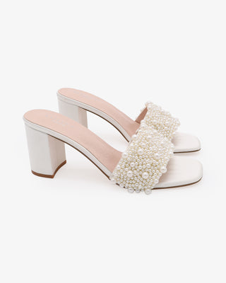 Ivory Satin Block Heels Slide Wedding Sandals with Perla Applique