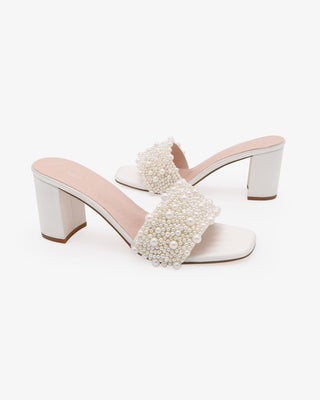 Ivory Satin Block Heels Slide Wedding Sandals with Perla Applique