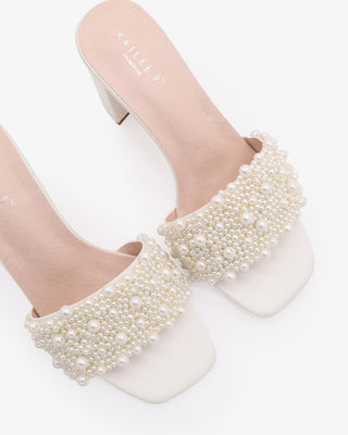 Ivory Satin Block Heels Slide Wedding Sandals with Perla Applique