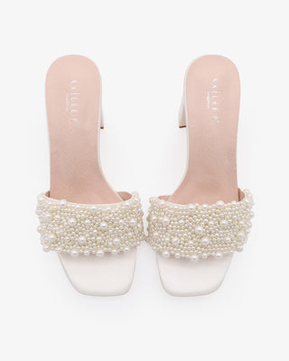 Ivory Satin Block Heels Slide Wedding Sandals with Perla Applique