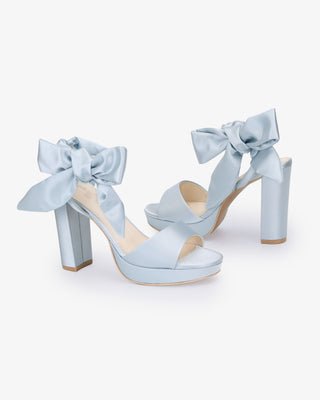 Light Blue Satin Platform Block Heel Wedding Sandals with Luxe Tie, Bridal Shoes