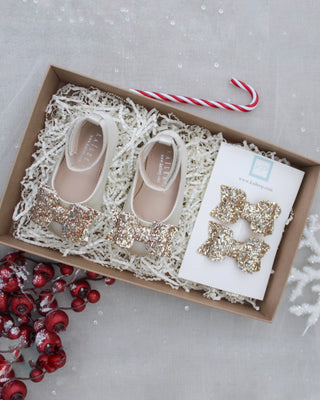 Satin Flats Baby Shoes with Rock Glitter Bow Holiday Gift Set (1 Pair)Kids Shoes