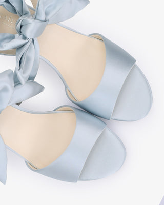 Light Blue Satin Platform Block Heel Wedding Sandals with Luxe Tie, Bridal Shoes
