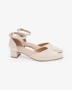 Satin Pointy Toe Low Block Heels Wedding Shoes with Mini Pearls