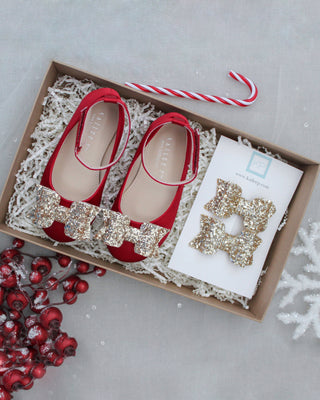 Satin Flats Baby Shoes with Rock Glitter Bow Holiday Gift Set (1 Pair)Kids Shoes