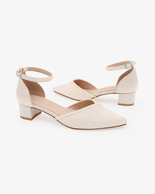 Ivory Satin Pointy Toe Low Block Heels Wedding Shoes with Mini Pearls