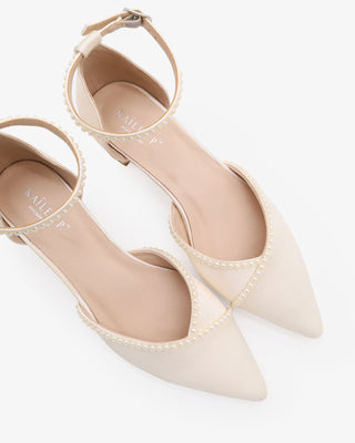Ivory Satin Pointy Toe Low Block Heels Wedding Shoes with Mini Pearls
