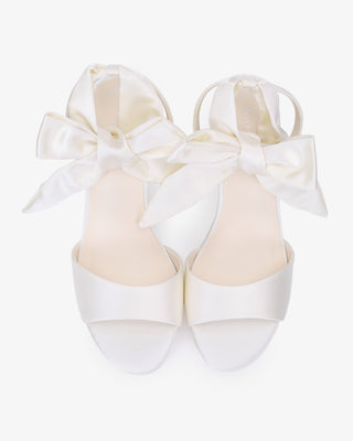 White Satin Platform Block Heel Wedding Sandals with Luxe Tie, Bridal Shoes