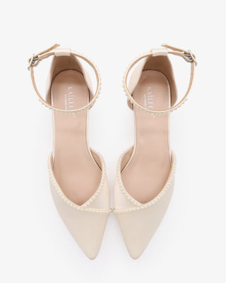 Ivory Satin Pointy Toe Low Block Heels Wedding Shoes with Mini Pearls