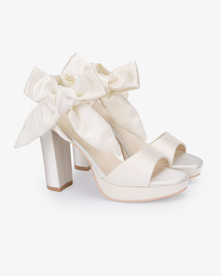 Ivory Satin Platform Block Heel Wedding Sandals with Luxe Tie, Bridal Shoes