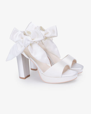 White Satin Platform Block Heel Wedding Sandals with Luxe Tie, Bridal Shoes