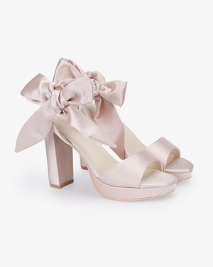 Satin Platform Block Heel Evening Sandals with Luxe Tie