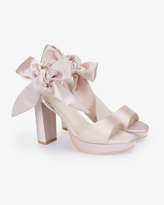 Dusty Pink Satin Platform Block Heel Evening Sandals with Luxe Tie, Prom Shoes