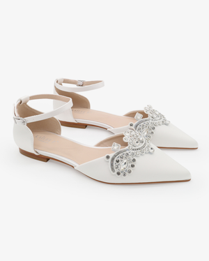 Satin Pointy Toe Flats with Rhinestones Applique Embellishments