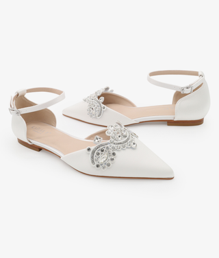 Satin Pointy Toe Flats with Rhinestones Applique Embellishments
