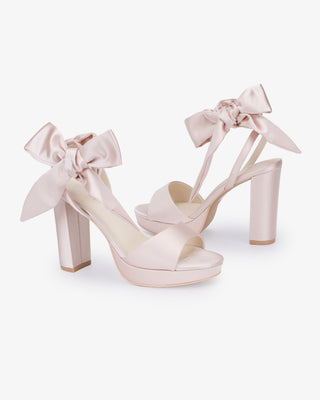 Dusty Pink Satin Platform Block Heel Evening Sandals with Luxe Tie, Prom Shoes