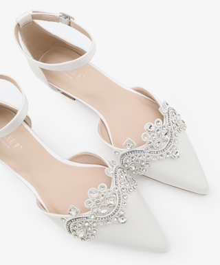 White Satin Pointy Toe Flats with Rhinestones Applique Embellishments