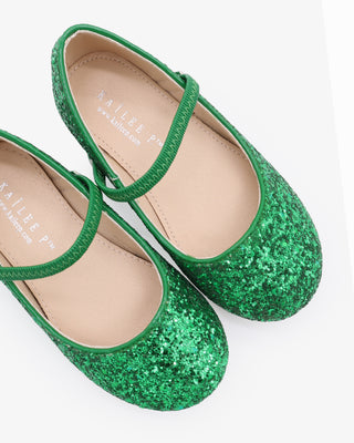Green Rock Glitter Mary Jane Ballet Flats for Flower Girls