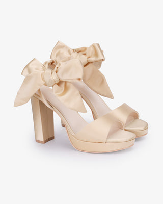 Champagne Satin Platform Block Heel Sandals with Luxe Tie, Prom Shoes