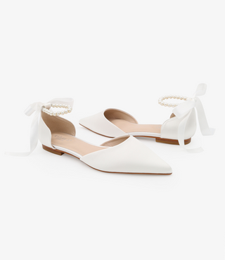 Satin Pointy Toe Bridal Flats Pearls Strap