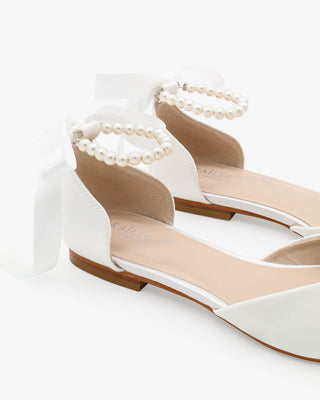 White Satin Pointy Toe Bridal Flats with All Pearls Ankle Strap