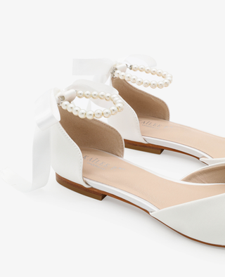 Satin Pointy Toe Bridal Flats Pearls Strap
