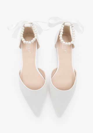 Satin Pointy Toe Bridal Flats Pearls Strap