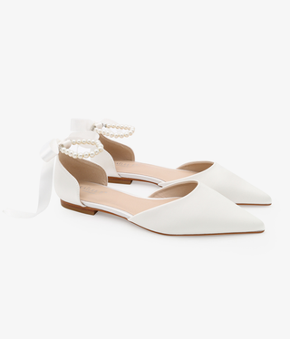 Satin Pointy Toe Bridal Flats Pearls Strap