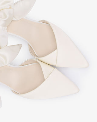 Ivory Satin Pointy Toe Low Block Heels Wedding Shoes with Luxe Tie, Bridal Shoes