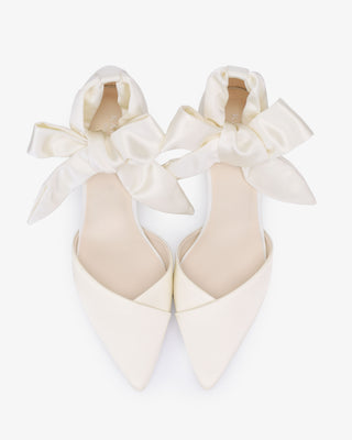 Ivory Satin Pointy Toe Low Block Heels Wedding Shoes with Luxe Tie, Bridal Shoes