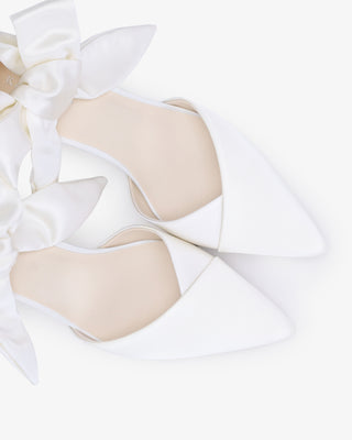 White Satin Pointy Toe Low Block Heels Wedding Shoes with Luxe Tie, Bridal Shoes
