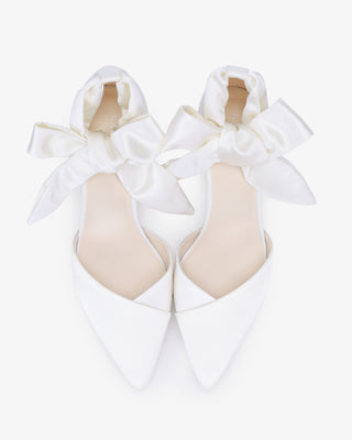 White Satin Pointy Toe Low Block Heels Wedding Shoes with Luxe Tie, Bridal Shoes