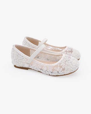 White Crochet Lace Mary Jane Flats for Flower Girls