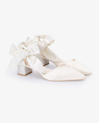 Ivory Satin Pointy Toe Low Block Heels Wedding Shoes with Luxe Tie, Bridal Shoes