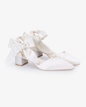 Satin Pointy Toe Low Block Heels Wedding Shoes with Luxe Tie