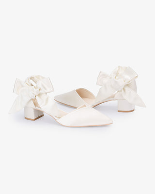 Ivory Satin Pointy Toe Low Block Heels Wedding Shoes with Luxe Tie, Bridal Shoes